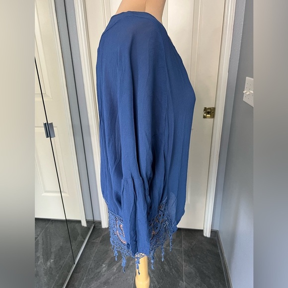 Mindset by XCVI Blue Dolman Fringe Lagonlook Boho Minimalist Top - Picture 4 of 8